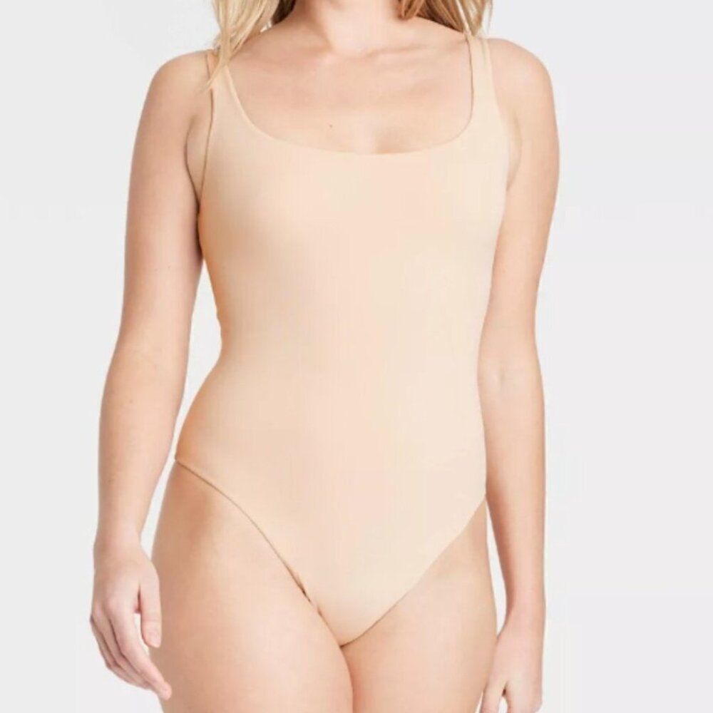 Auden Bodysuit Size M Nude Neutral Thong Backside Snaps Soft Stretch NEW Target